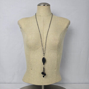 Silver Tone Black Glass Tassel Pendant Long Necklace